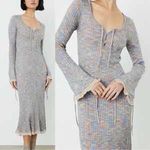 Acne Studios Kadley Grey Bow Front Ribbed Striped Sheer Knit Maxi Dress Small